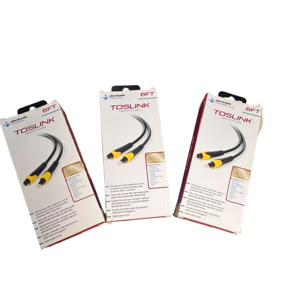 Lot Of 3 Toslink Fiber Optic 6 Ft Cables Gold Plated Connector New In The Box